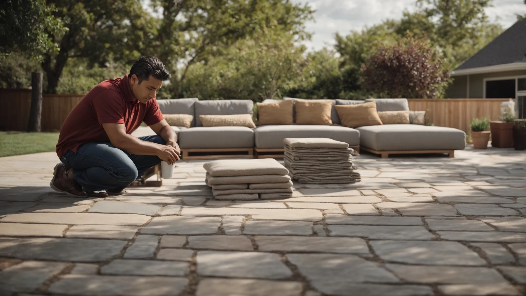 a homeowner contemplates options over a spread of patio stone samples in the backyard while a professional team installs paving in the background.