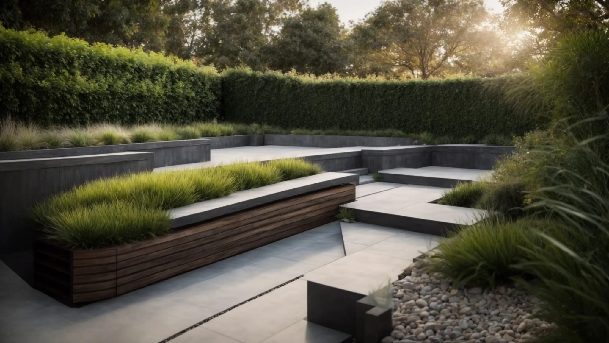 a modern landscaped backyard featuring an advanced, seamless retaining wall system embedded within lush greenery.