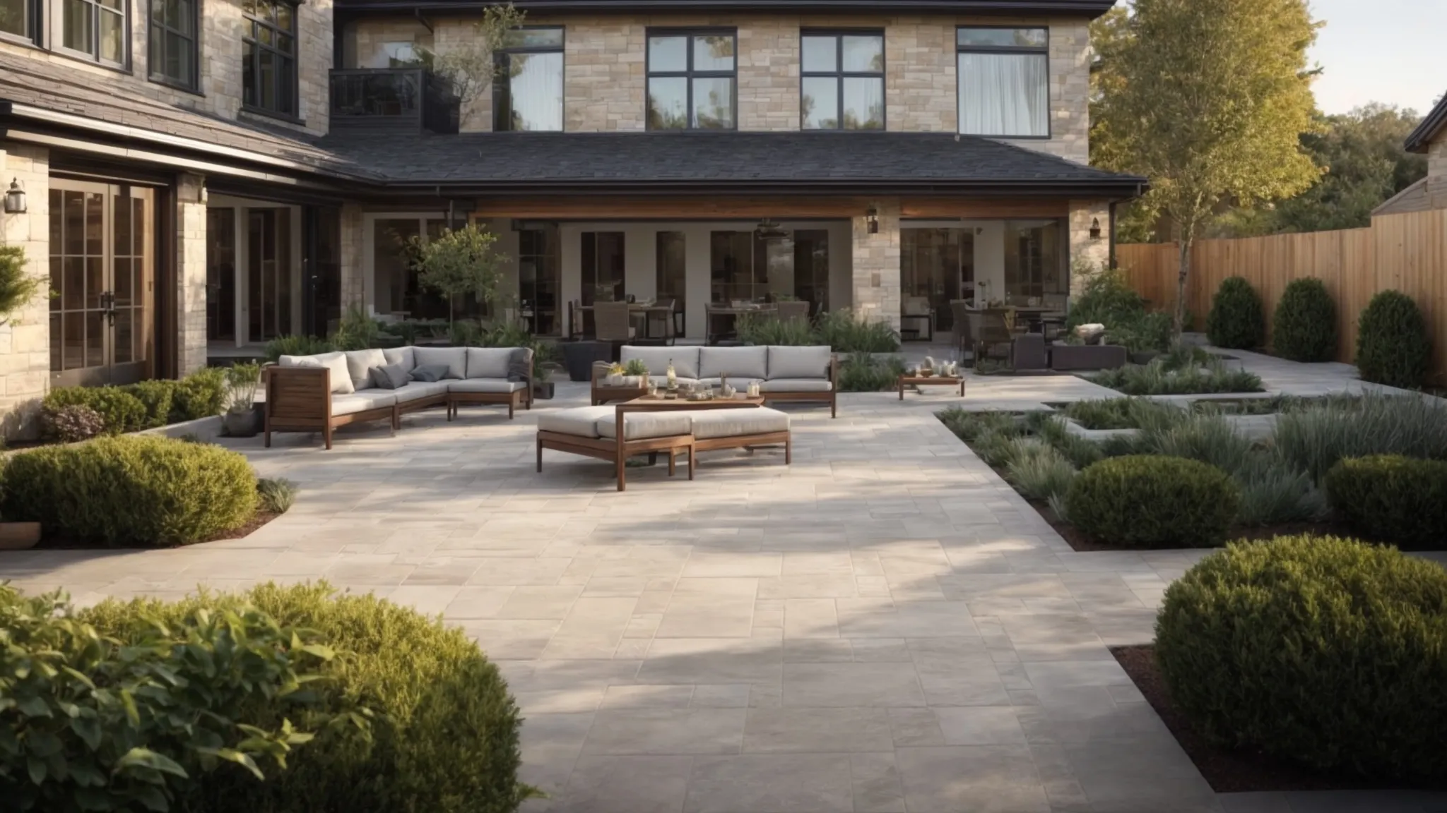 a wide patio showcases a variety of paving materials, each section featuring a different type, from elegant natural stone and versatile concrete pavers to classic brick, cushioned rubber, sleek porcelain tiles, and patches of artificial turf, all surrounded by vibrant garden beds under a clear sky. Landscaping Services