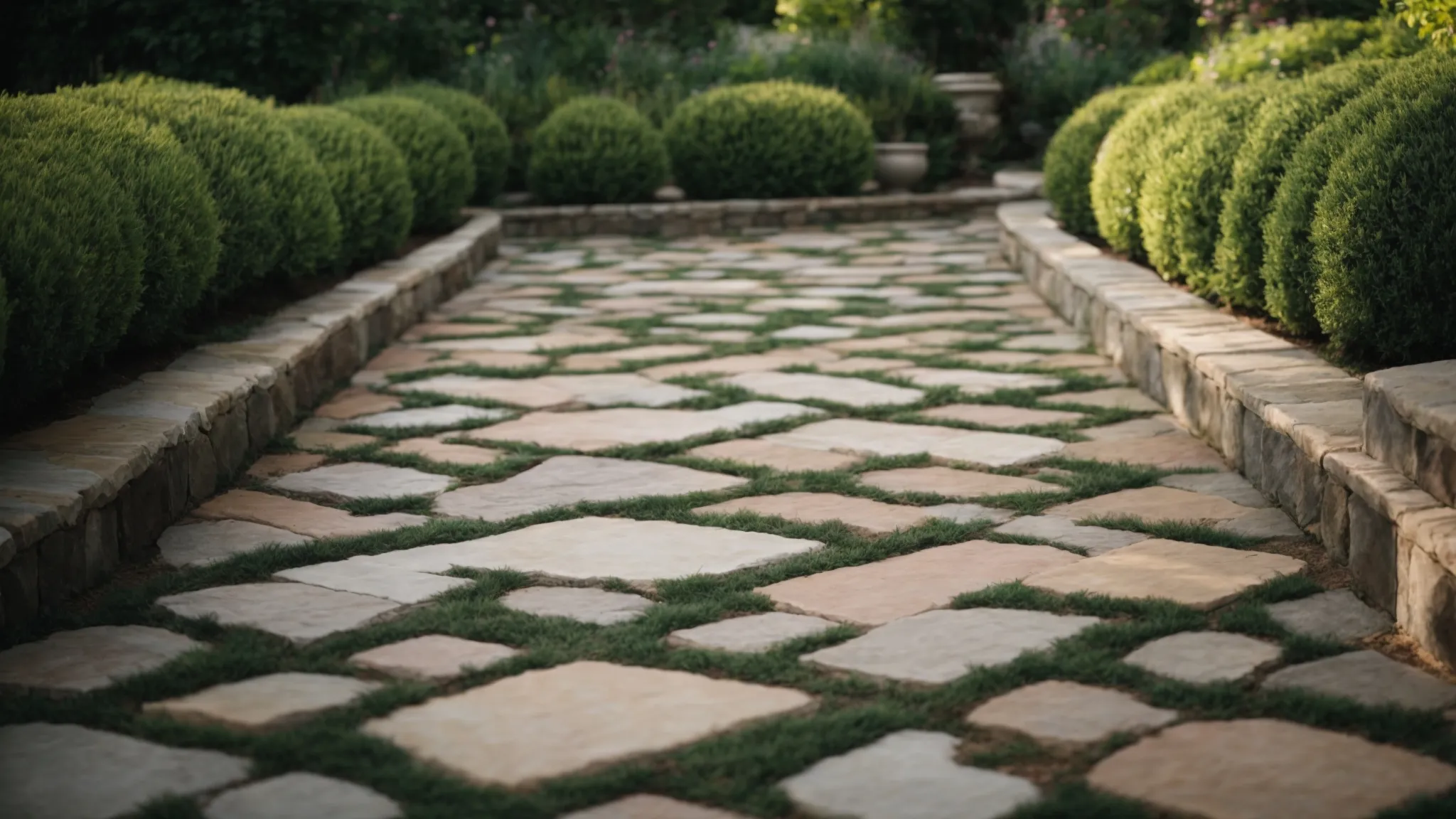 a variety of paving stones neatly displayed in an outdoor garden setting, with lush greenery in the background.