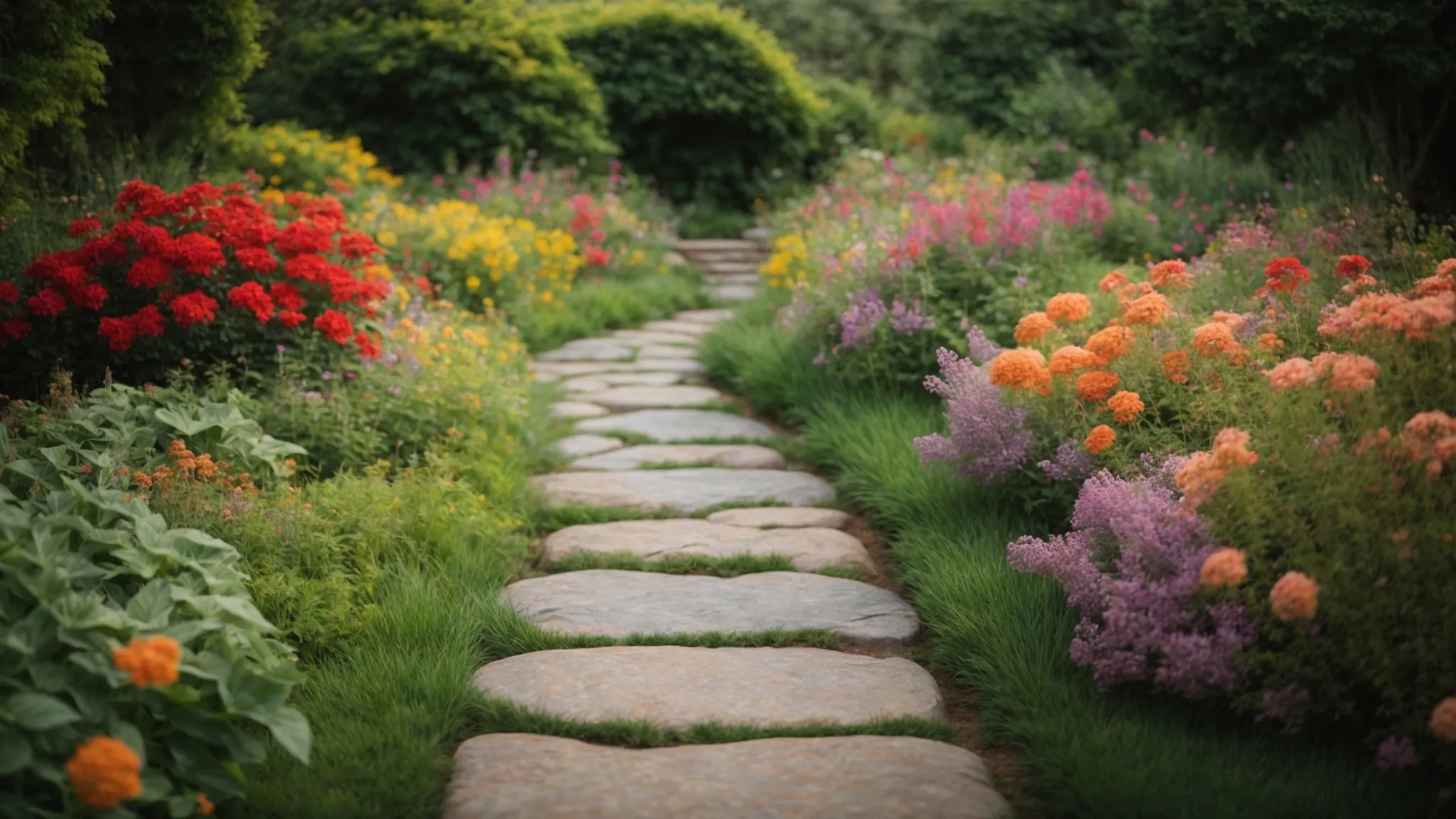 stone pathways weave through lush greenery and colorful flowers, creating a harmonious blend of natural and structured elements in a garden.