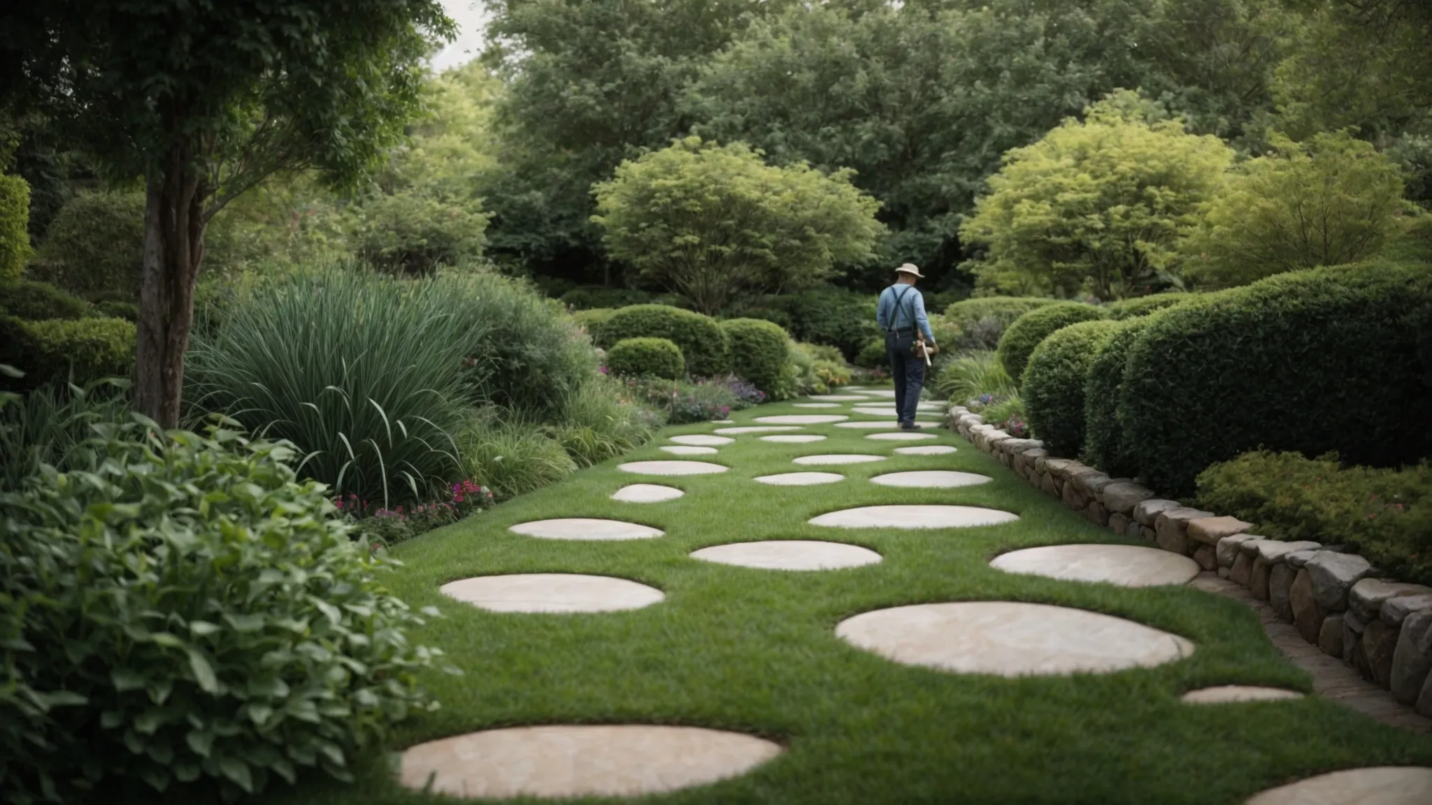 a landscaper gently lays a path of stepping stones across a lush garden to guide foot traffic and protect the ground beneath.