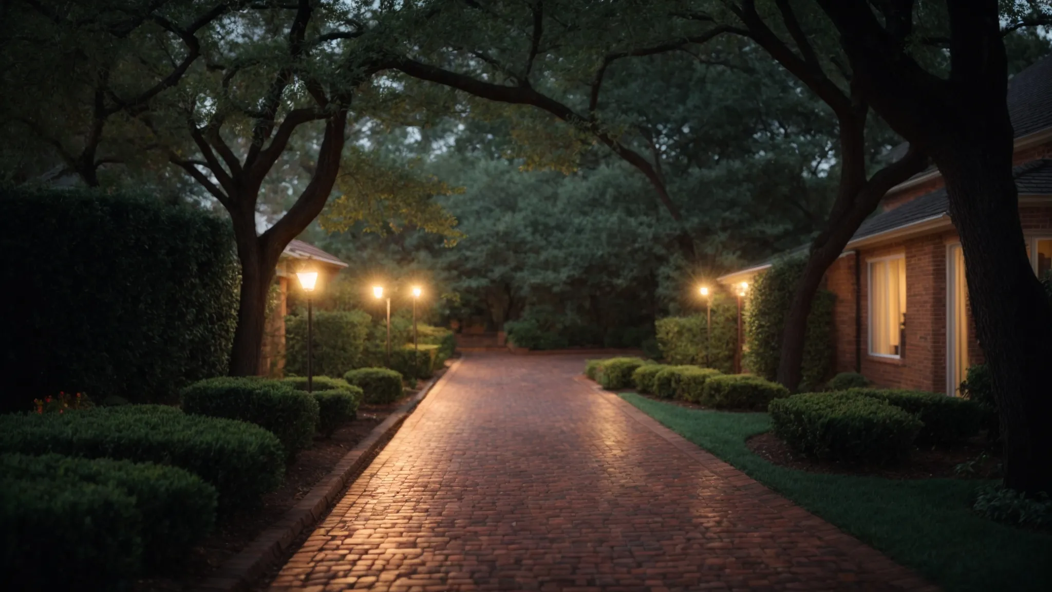a driveway paved with brick pavers winds gracefully through a garden, gleaming under the evening lights after a gentle rain.