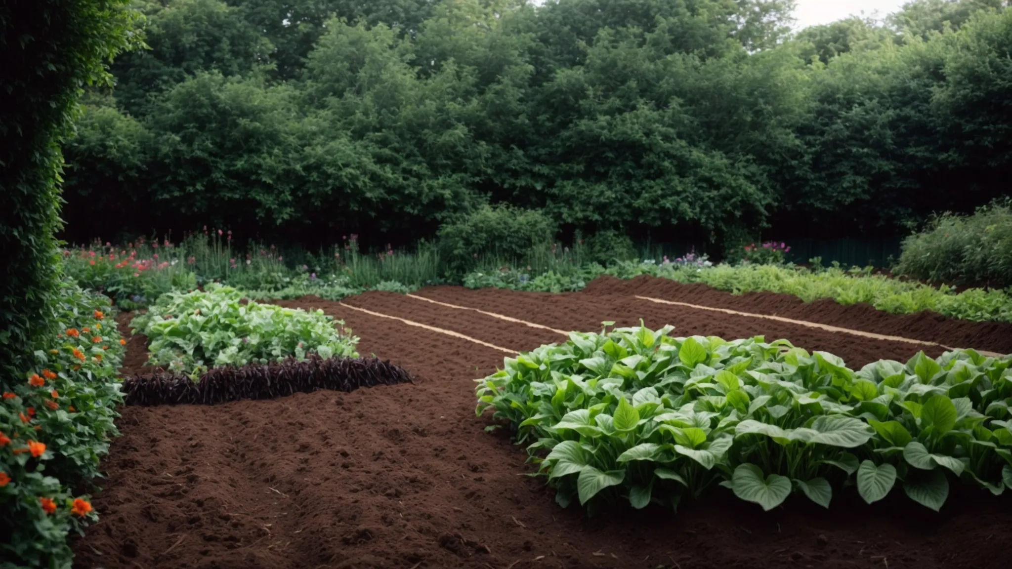 a blanket of compost being spread across garden beds, enriching the soil beneath vibrant green plants.
