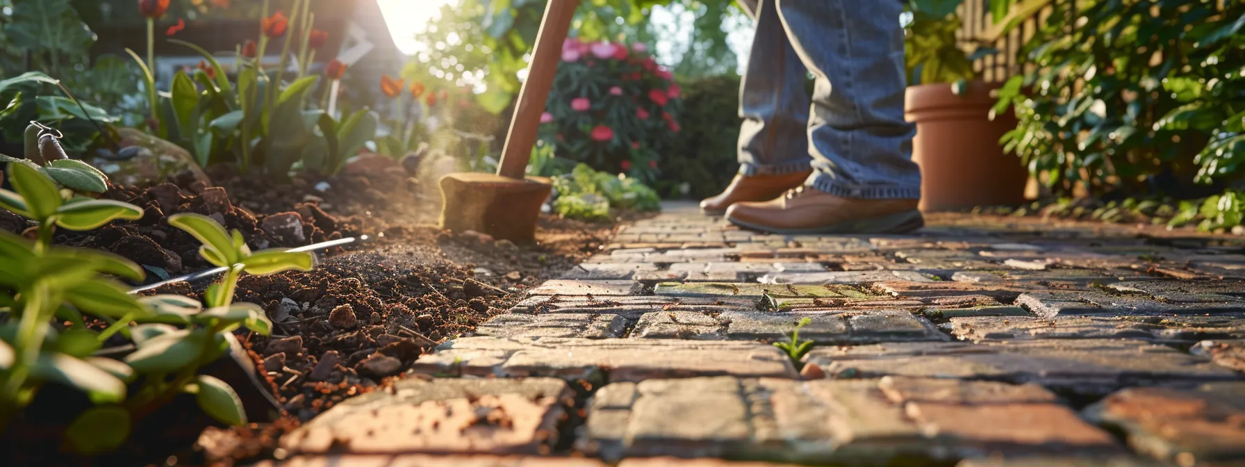 a person carefully selecting brick materials for a paver walkway in a garden.