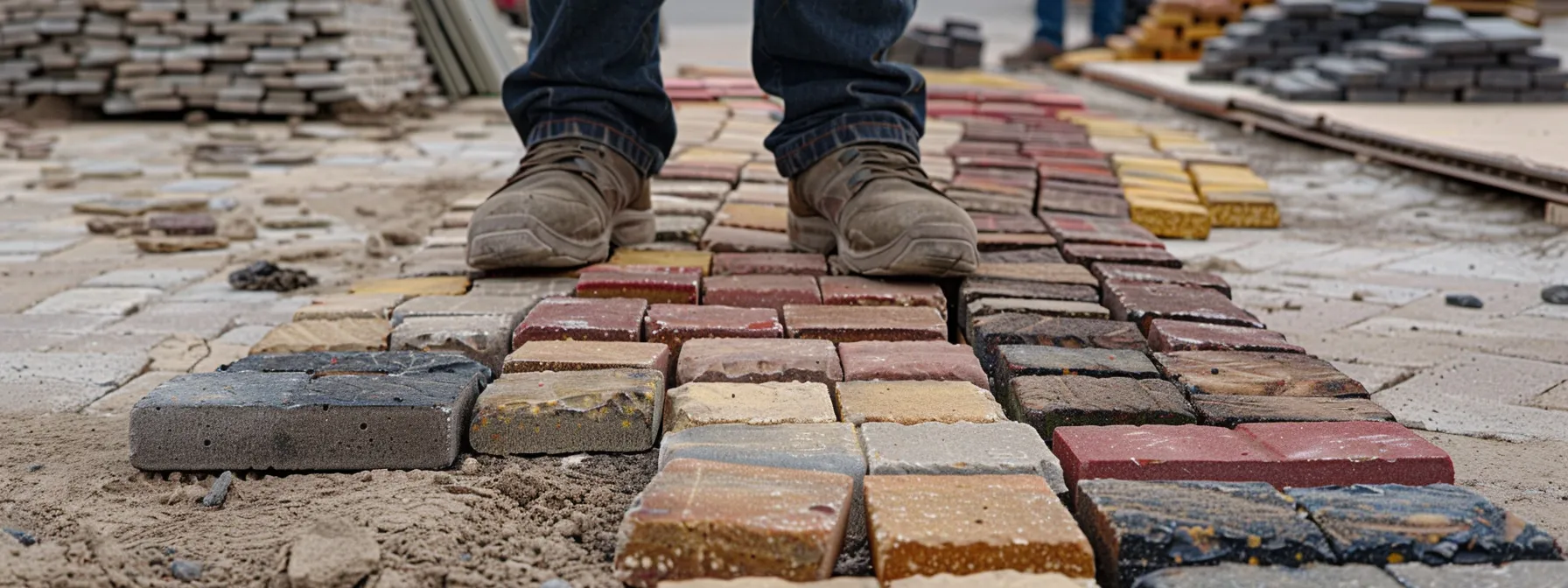 a person examining a variety of bricks laid out on the ground for a new paver walkway.