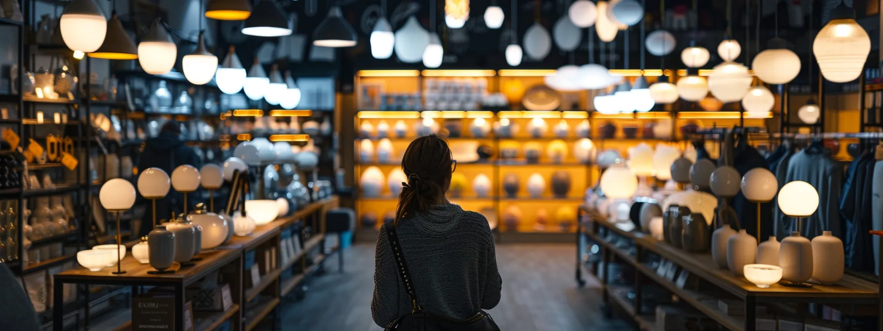 a person browsing through various outdoor lighting fixtures in a store.