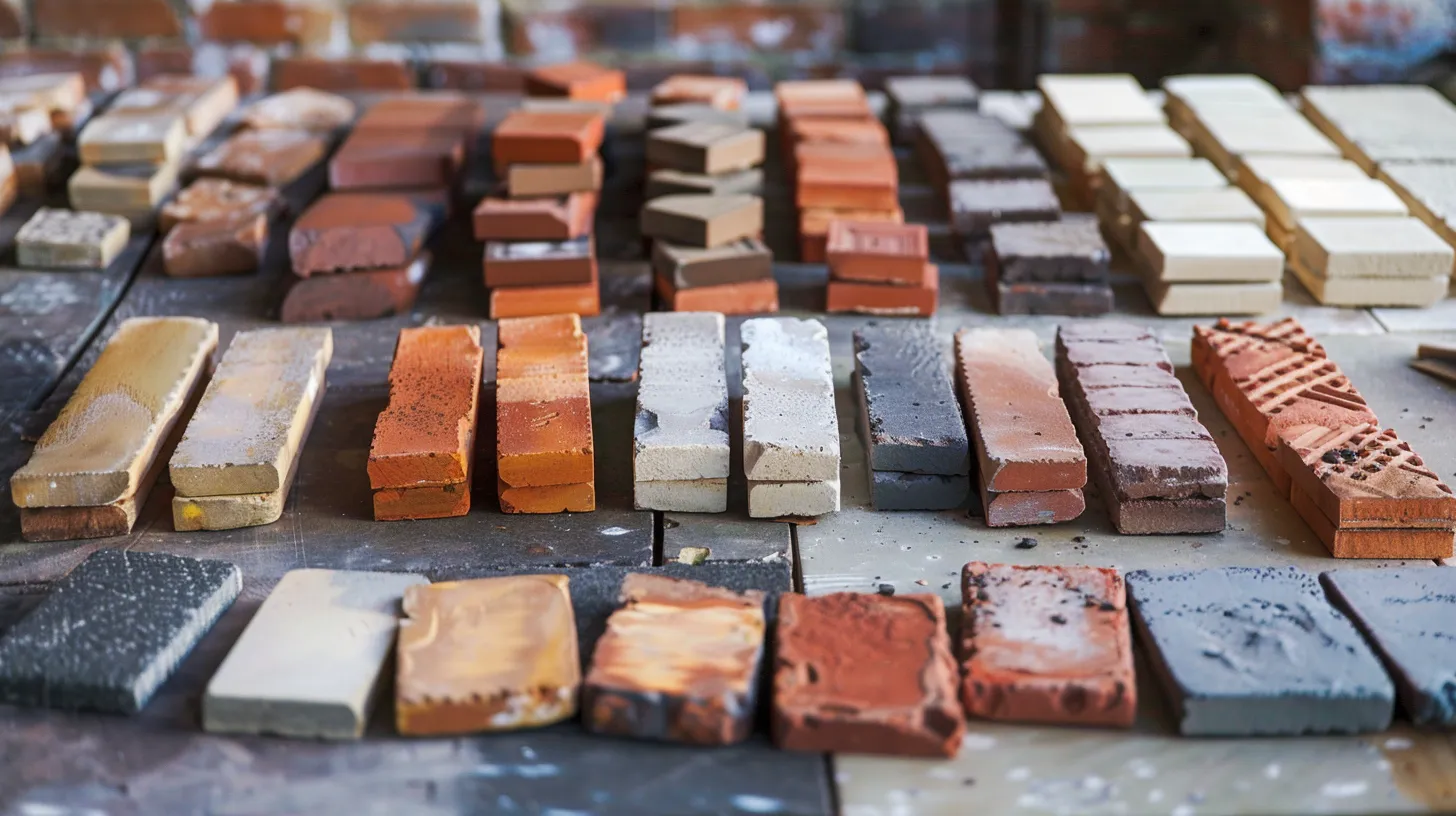 a variety of brick materials laid out on a table for comparison.