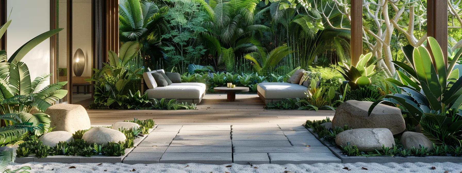 a meticulously arranged outdoor patio features elegant stone edging, accentuating the vibrant plants and the inviting seating area, all set against a sophisticated backdrop of contemporary landscaping design.