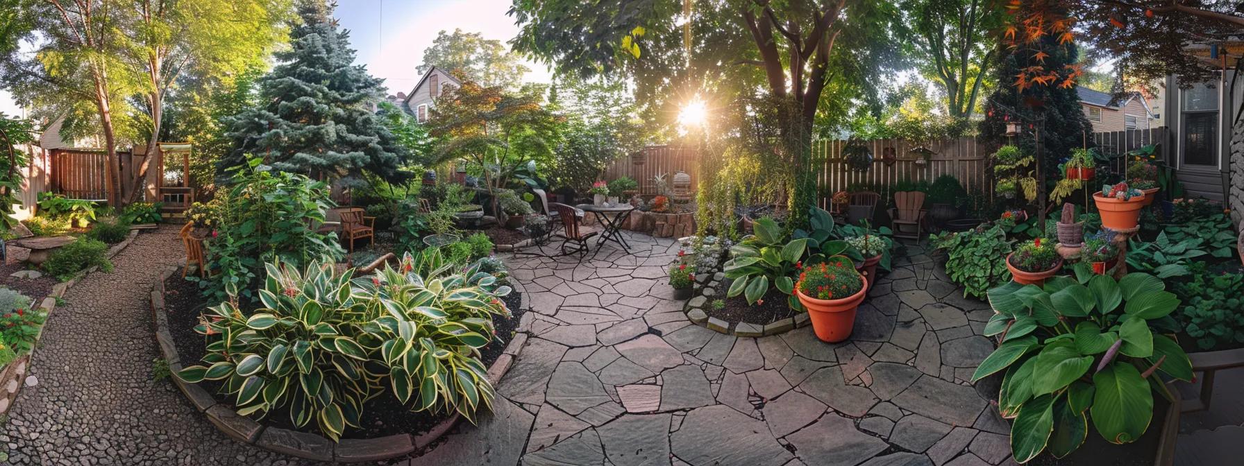 a vibrant, professionally landscaped backyard showcases an array of flourishing plants set against a meticulously laid stone walkway, leading to an inviting outdoor seating area, highlighting the ideal soil types for thriving outdoor plants.