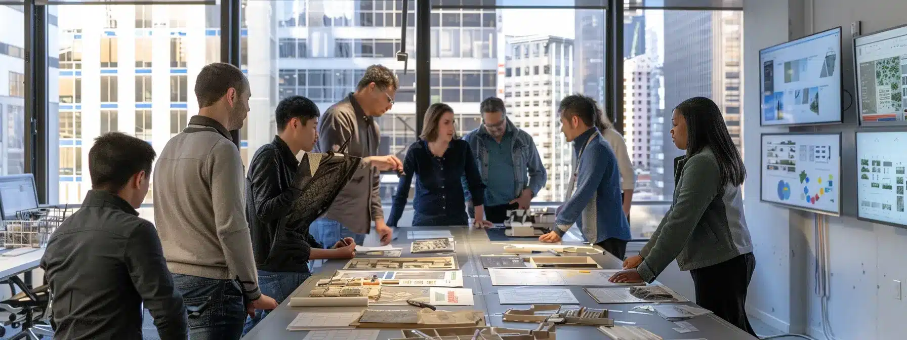 a bustling urban office space features a group of diverse professionals gathered around a large table, intently discussing blueprints and samples of stone materials, with digital screens displaying project designs and stone wall construction plans in the background.