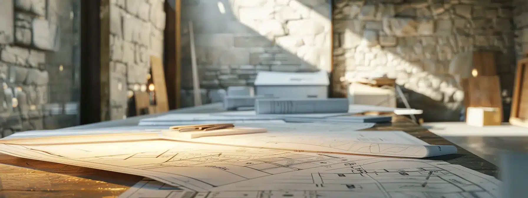 an architecturally detailed office space showcases a sleek conference table with blueprints of stone wall construction spread out, illuminated by dynamic overhead lighting that emphasizes the complexity and hidden costs of the project.