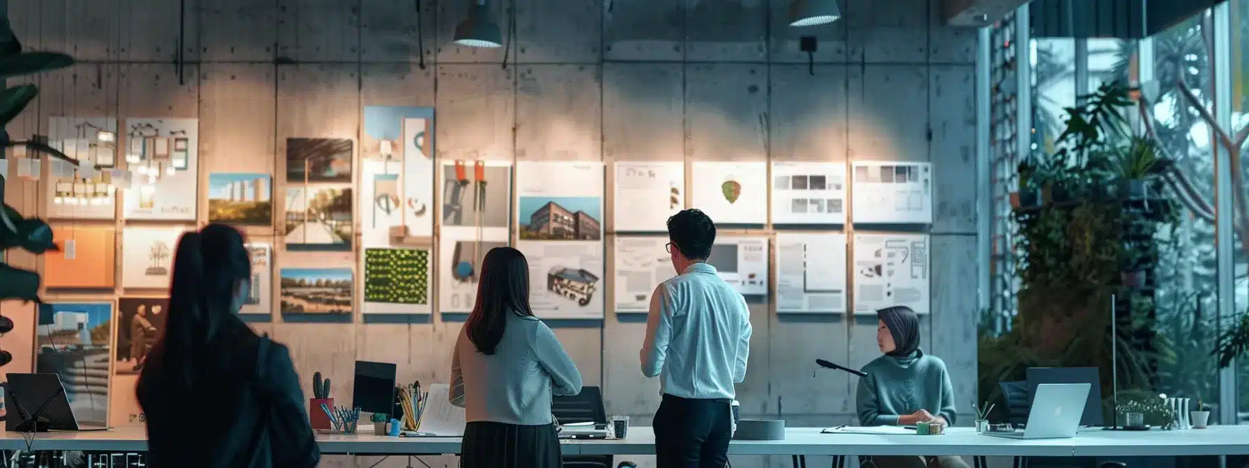 a sleek office environment showcasing a diverse team engaged in a dynamic discussion over landscaping plans, with vibrant mood boards and design sketches prominently displayed around them, highlighting their brainstorming session.