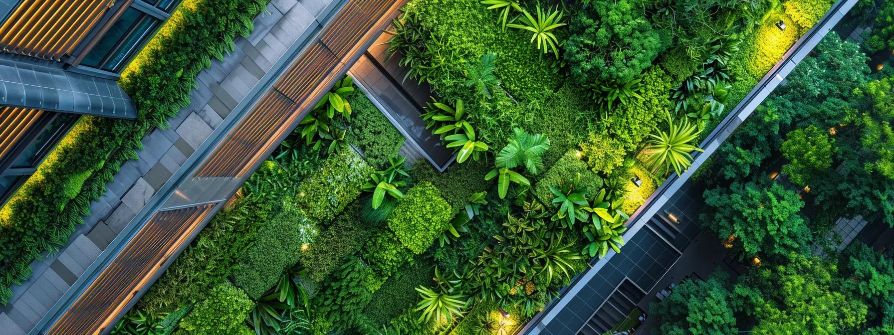 a modern urban landscape showcases innovative sustainable landscaping trends, featuring eco-friendly materials and dynamic design elements that redefine outdoor spaces in a vibrant city setting.