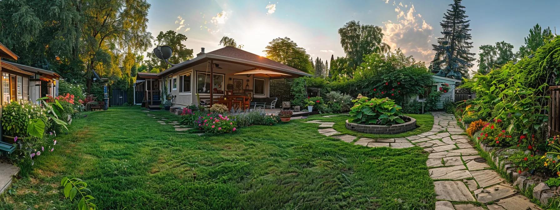 a beautifully manicured backyard showcases a thriving lawn, vibrant flower beds, and a stylish stone walkway leading to a cozy outdoor seating area, all highlighting the impact of organic fertilization techniques.