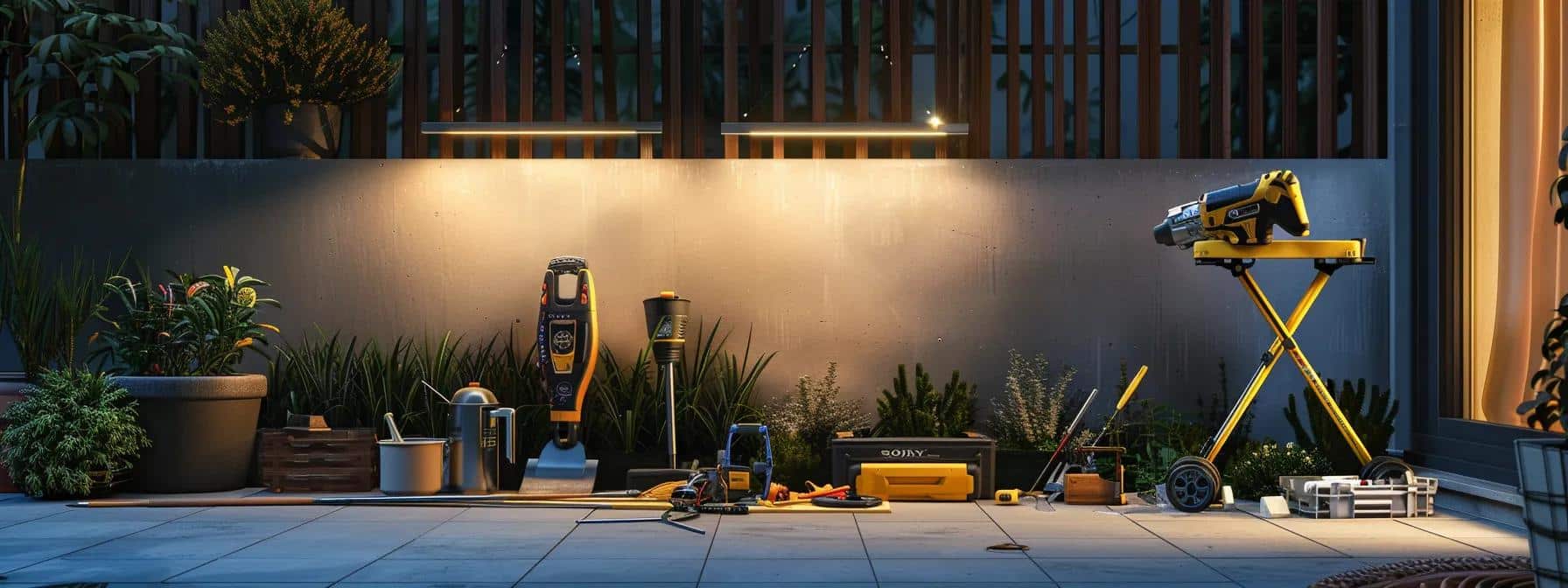 a sleek, modern outdoor workspace features a well-organized assortment of essential tools for patio installation, including a precision level, sturdy pavers, and compact power tools, all set against a stylishly designed patio backdrop illuminated by soft, even artificial lighting.