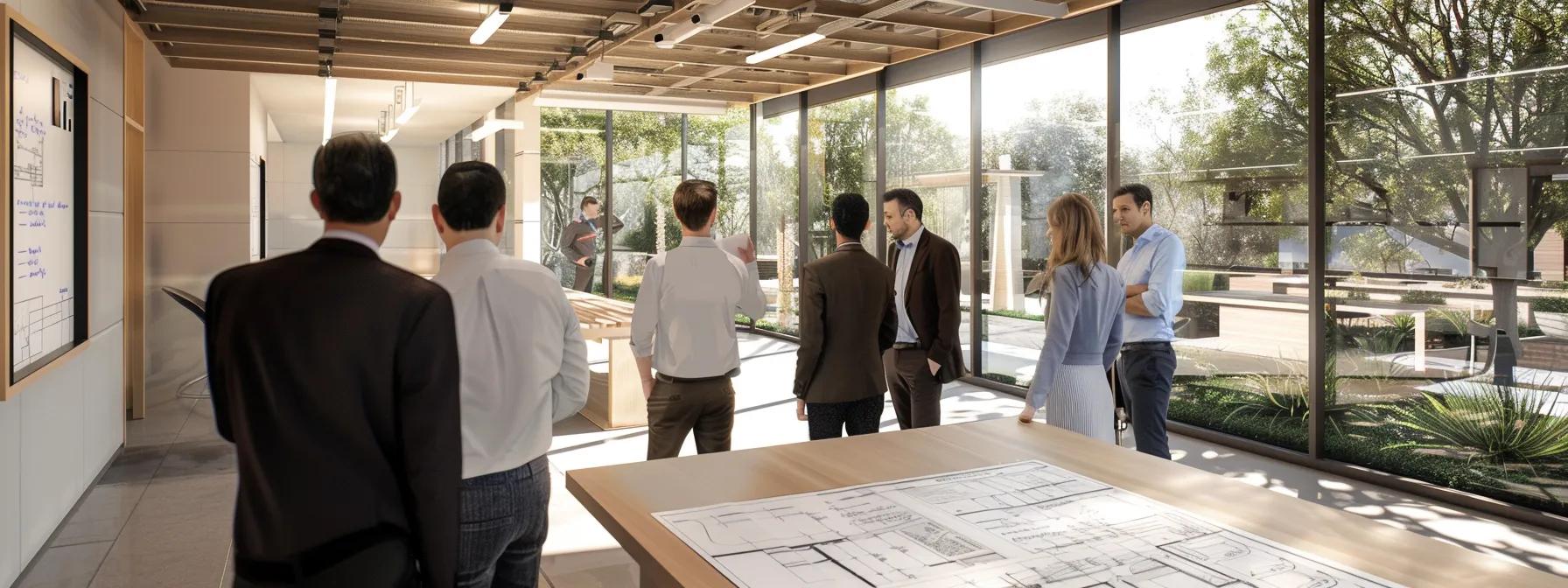 a modern, well-lit office setting showcases a professional collaboration scene, where a diverse team of experts reviews blueprints and plans for walkway construction, emphasizing strategic discussions and innovative design ideas.