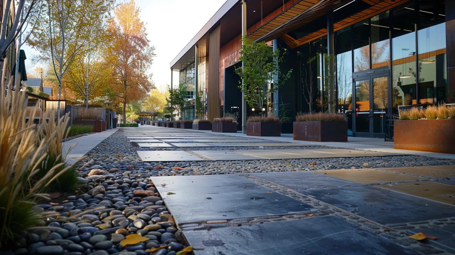 a sleek, modern outdoor showroom features two contrasting walkways, one made of rustic stones and the other composed of smooth pavers, set against a stylish urban backdrop that emphasizes aesthetic choice in landscape design.