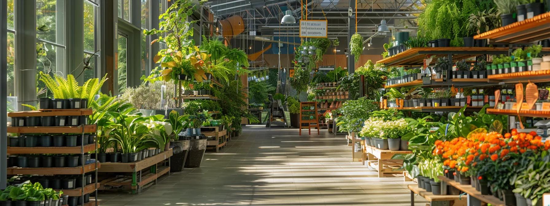 a meticulously arranged and modern garden center displays vibrant and healthy plants, with clear signage grid highlighting essential disease prevention tips and tools in a well-lit indoor environment.