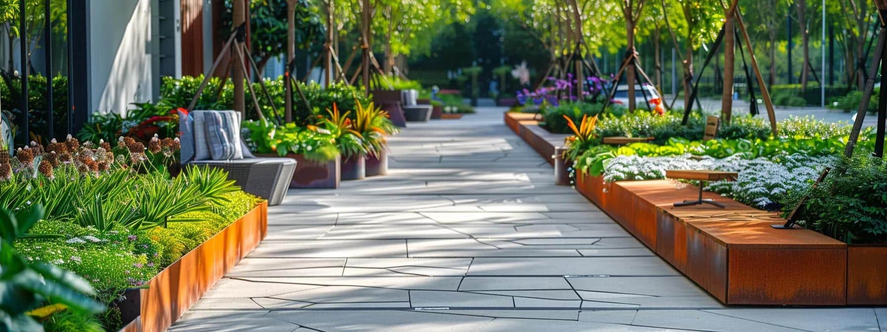 a modern urban garden adorned with sleek geometric pathways, minimalist seating, and vibrant planters, showcasing innovative landscaping ideas in a chic outdoor setting.