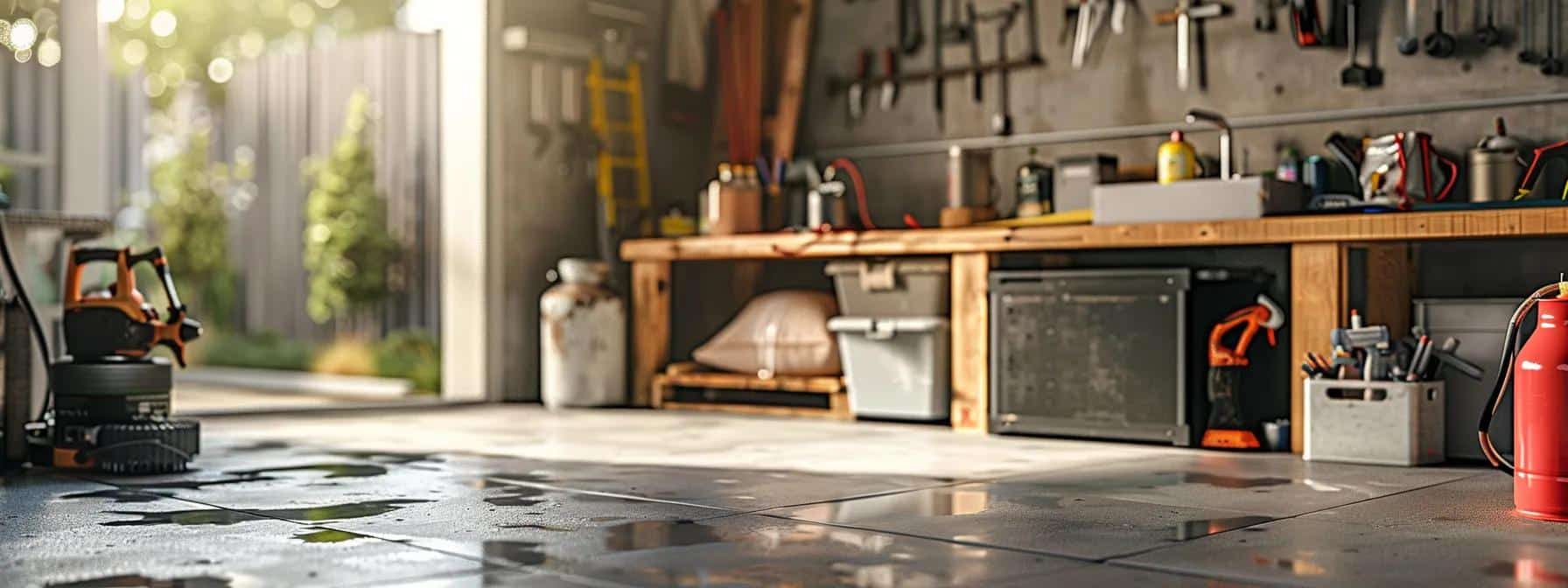a well-equipped home improvement workspace features a sturdy raised concrete patio undergoing a waterproofing treatment, with tools like a sprayer and sealant prominently placed, highlighting the meticulous process of preparation and maintenance.