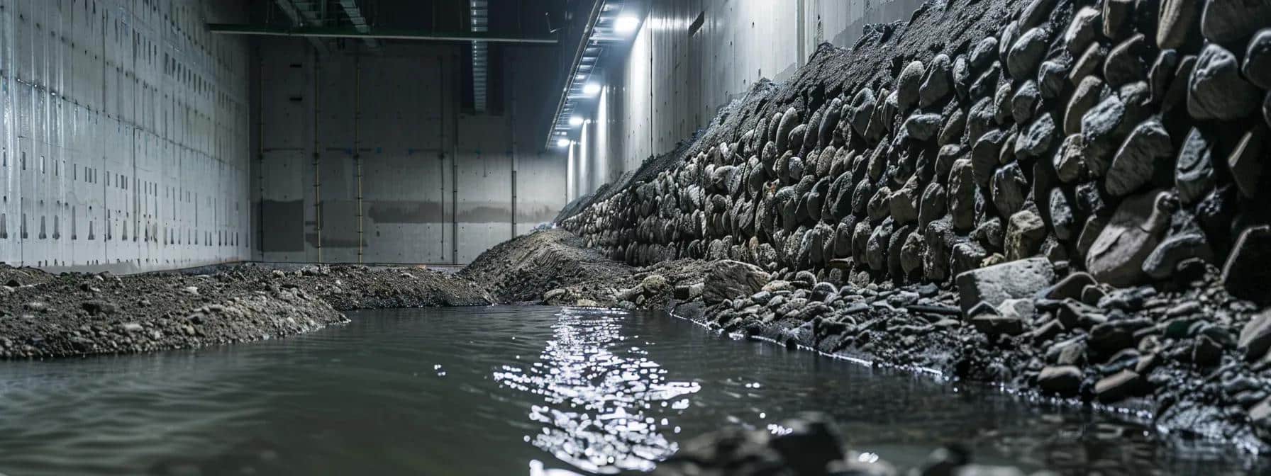 a detailed close-up of a retaining wall under construction, showcasing a stark contrast between properly installed drainage stones on one side and a chaotic pool of water and debris on the other, illuminated by industrial overhead lights in a bustling construction site.
