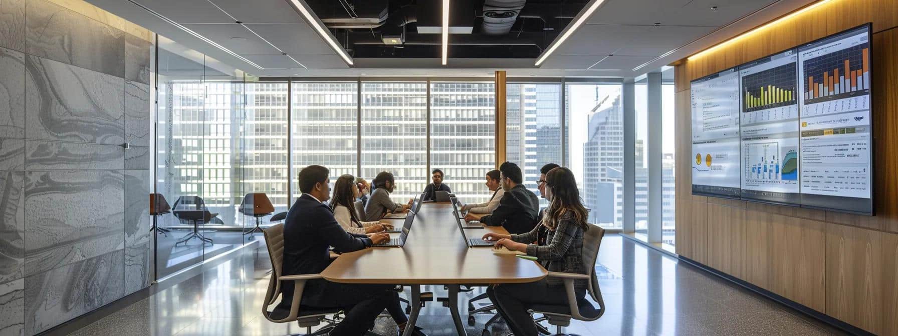 a sleek, modern office conference room features a dynamic presentation on retaining wall drainage solutions, showcasing detailed diagrams and comparative analysis on a large screen, with professionals engaged in discussion around a polished table.